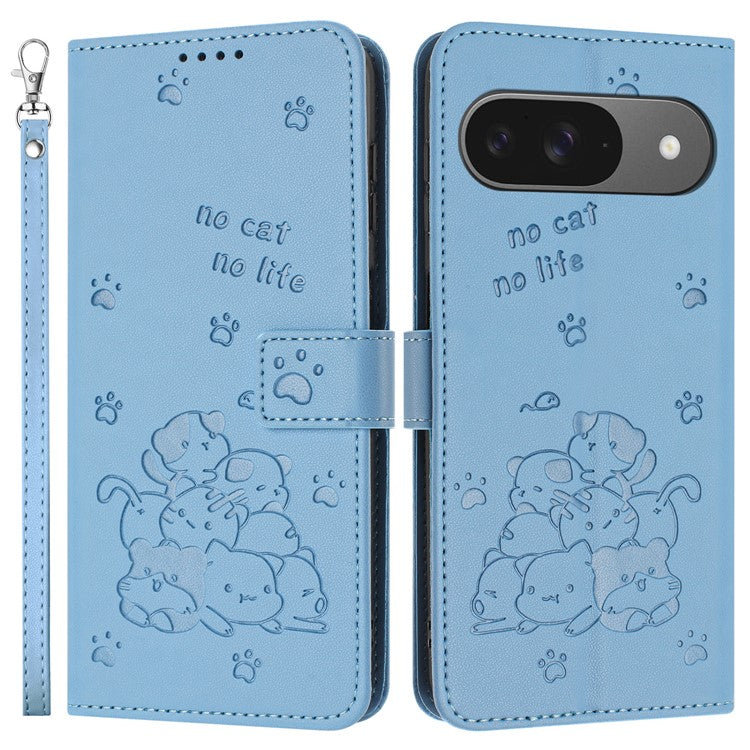 For Google Pixel 9 Pro / Pixel 9 Case with Strap Cats Imprint Leather Wallet Phone Cover - Blue