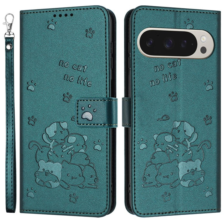 For Google Pixel 9 Pro XL Case with Strap Cats Imprint Leather Wallet Phone Cover - Blackish Green