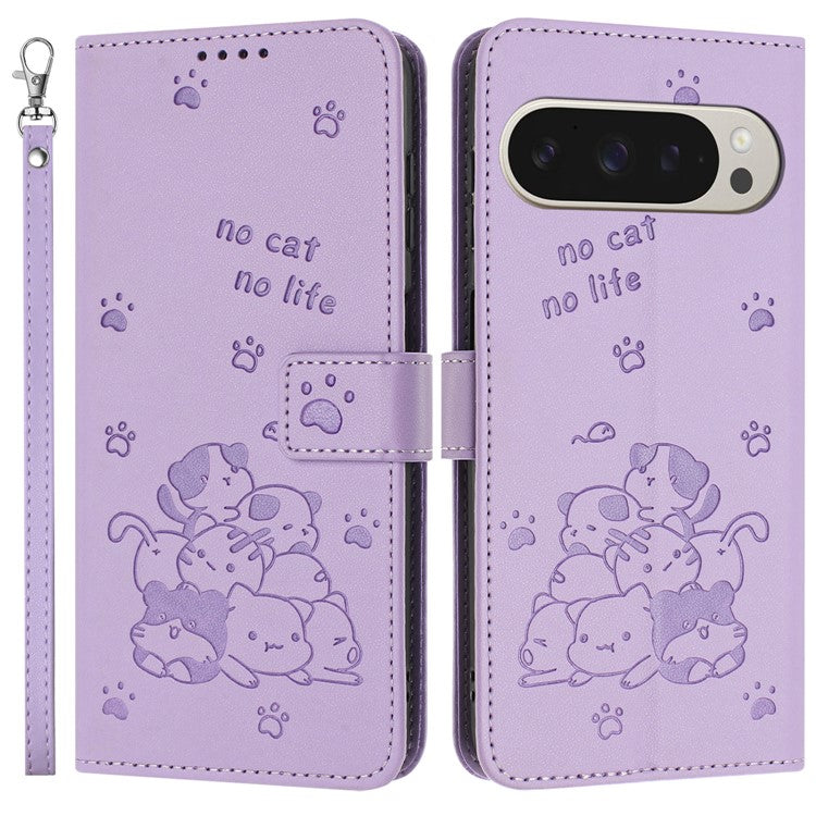 For Google Pixel 9 Pro XL Case with Strap Cats Imprint Leather Wallet Phone Cover - Purple