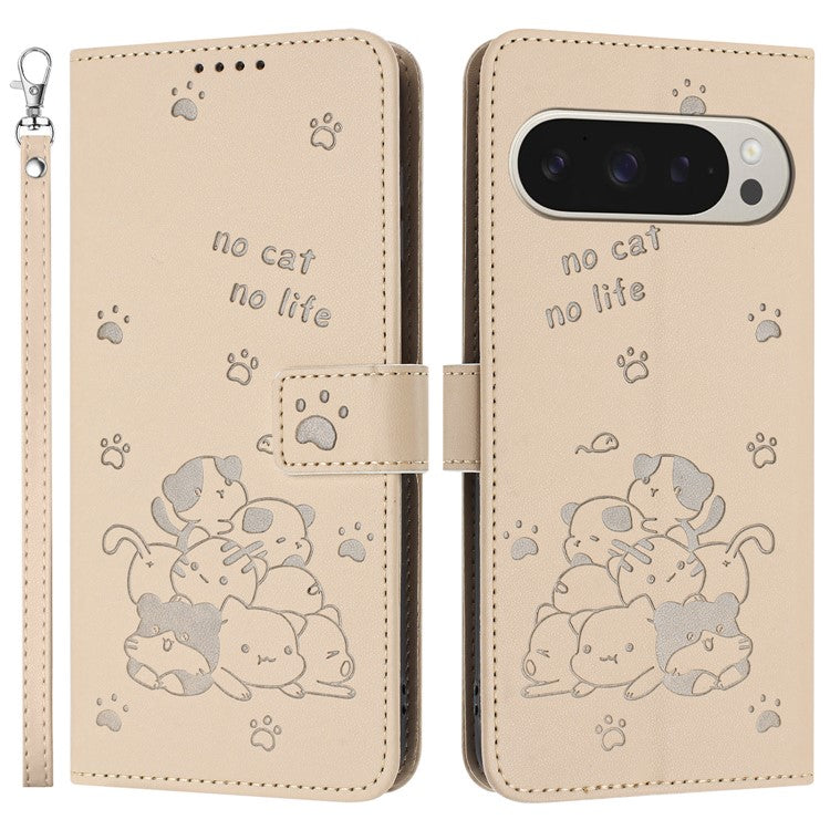 For Google Pixel 9 Pro XL Case with Strap Cats Imprint Leather Wallet Phone Cover - Beige