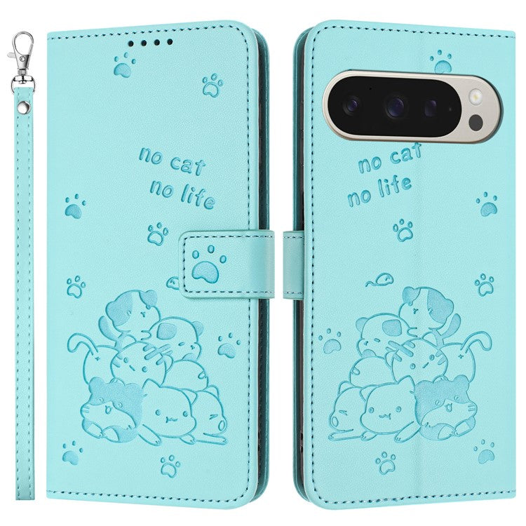 For Google Pixel 9 Pro XL Case with Strap Cats Imprint Leather Wallet Phone Cover - Green