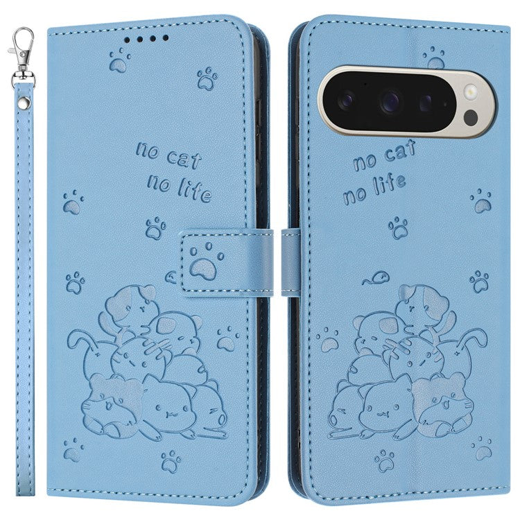 For Google Pixel 9 Pro XL Case with Strap Cats Imprint Leather Wallet Phone Cover - Blue