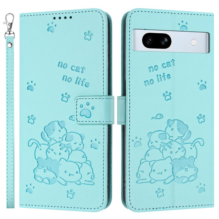 For Google Pixel 7a Case with Strap Cats Imprint Leather Wallet Phone Cover - Green