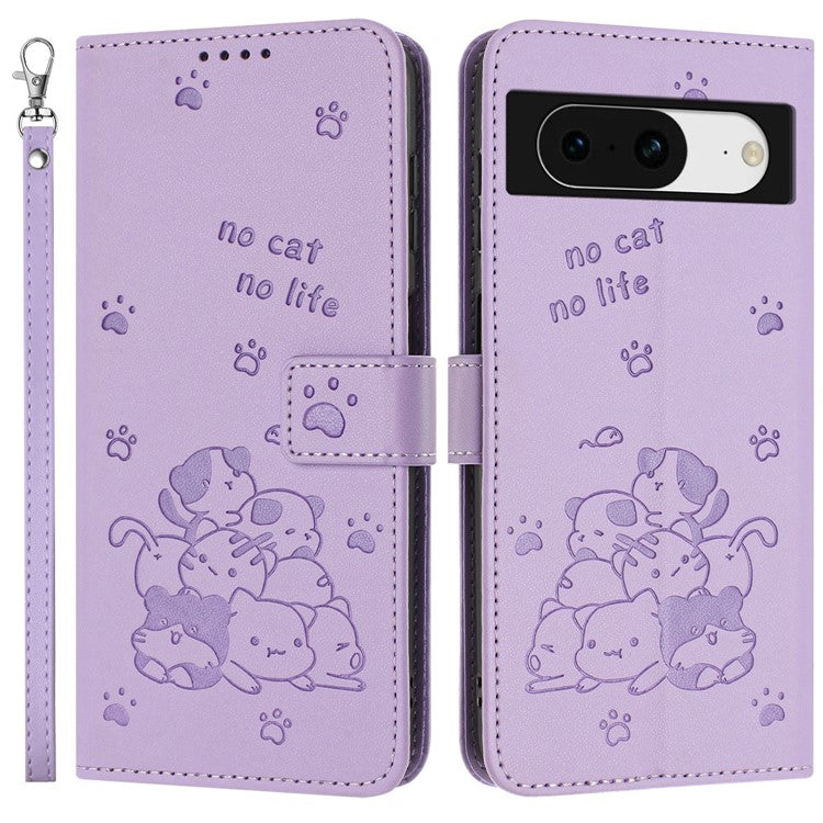 For Google Pixel 8 Case with Strap Cats Imprint Leather Wallet Phone Cover - Purple