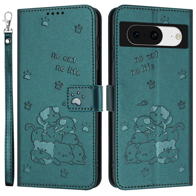 For Google Pixel 8 Case with Strap Cats Imprint Leather Wallet Phone Cover - Blackish Green