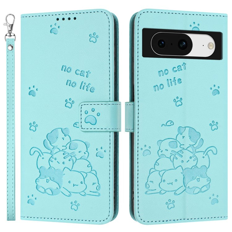 For Google Pixel 8 Case with Strap Cats Imprint Leather Wallet Phone Cover - Green