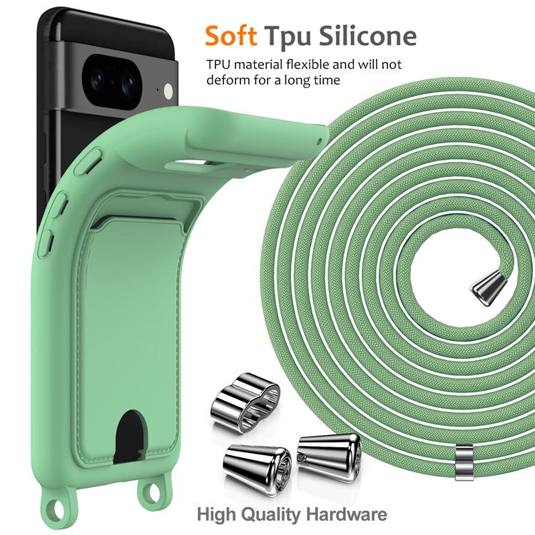 For Google Pixel 8 Case Liquid Silicone Card Holder Phone Back Cover with Lanyard - Green