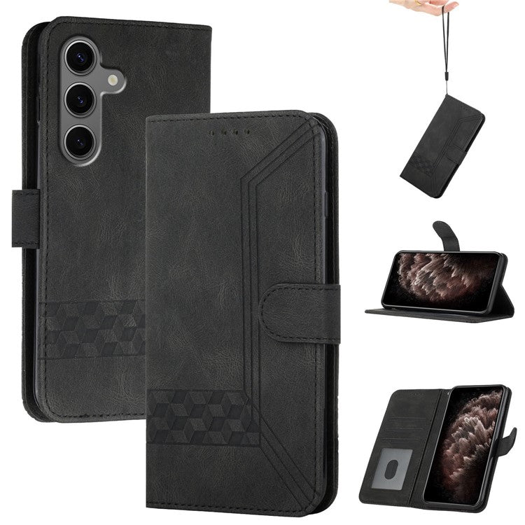 YX0010 Series for Samsung Galaxy S25+ Wallet Case Rhombus Lines Leather Phone Cover - Black