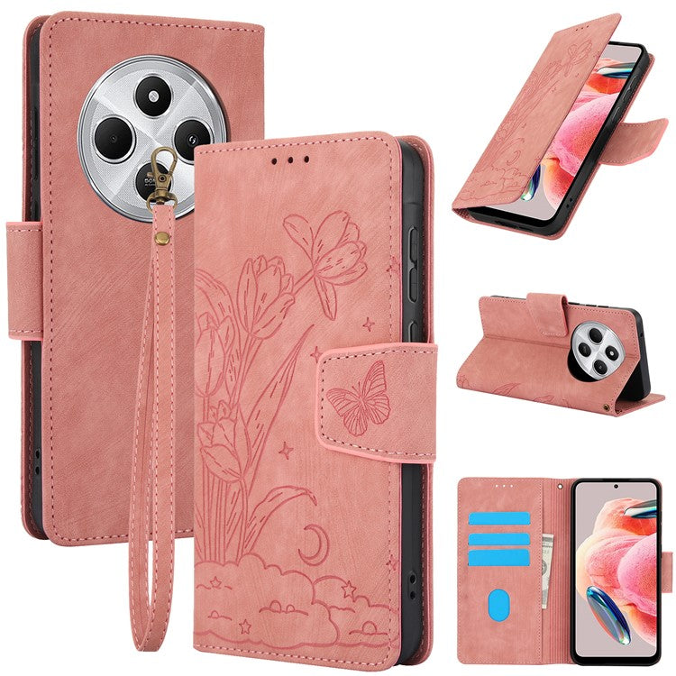 SY-001 For Xiaomi Poco C75 4G / Redmi 14R 5G / 14C 4G Case Flower Butterfly Leather Wallet Phone Cover with Hand Strap - Pink