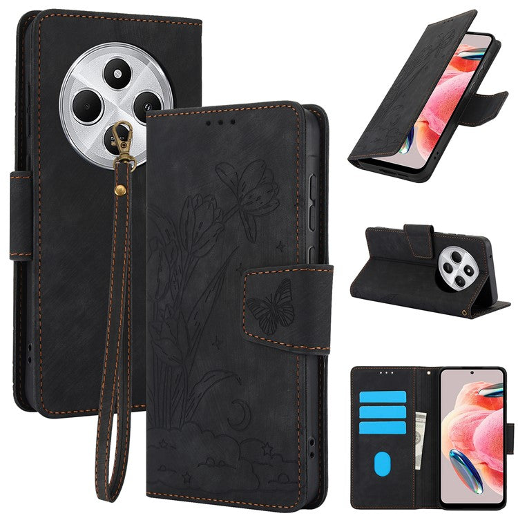 SY-001 For Xiaomi Poco C75 4G / Redmi 14R 5G / 14C 4G Case Flower Butterfly Leather Wallet Phone Cover with Hand Strap - Black