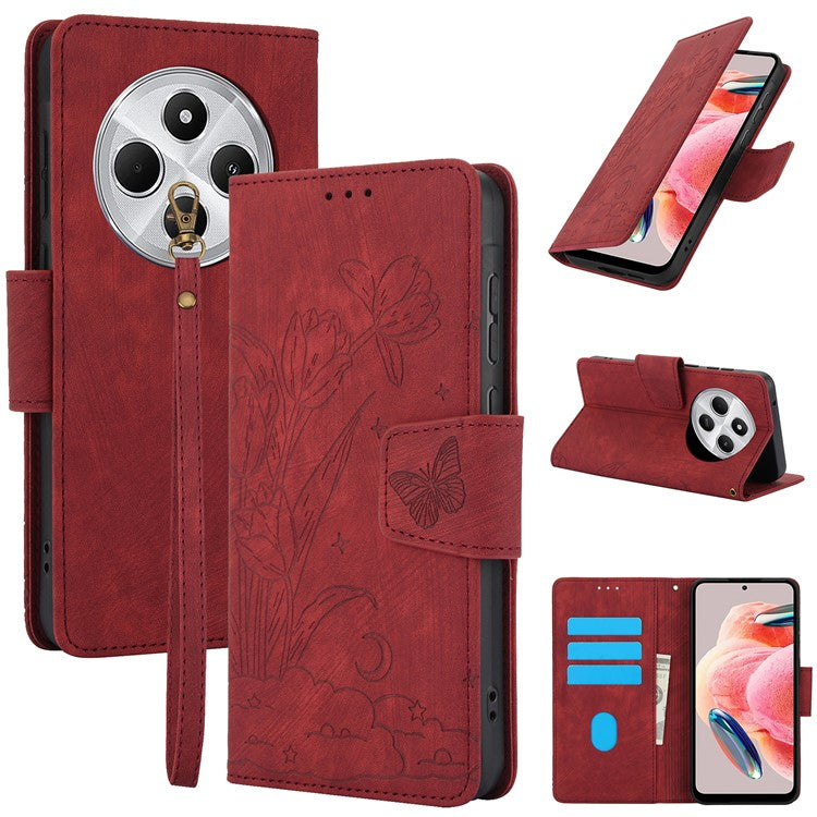 SY-001 For Xiaomi Poco C75 4G / Redmi 14R 5G / 14C 4G Case Flower Butterfly Leather Wallet Phone Cover with Hand Strap - Red