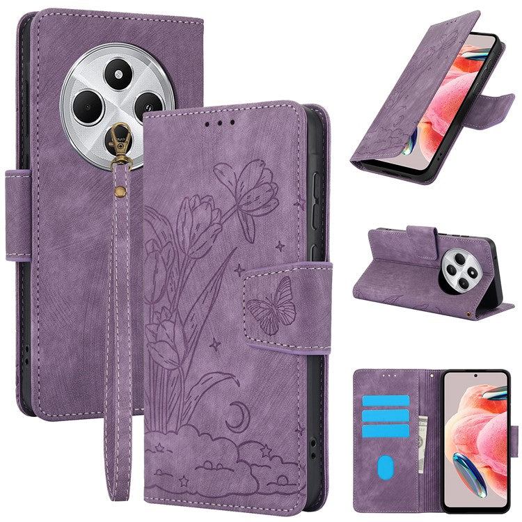 SY-001 For Xiaomi Poco C75 4G / Redmi 14R 5G / 14C 4G Case Flower Butterfly Leather Wallet Phone Cover with Hand Strap - Purple