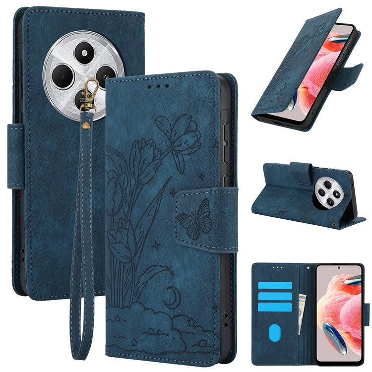 SY-001 For Xiaomi Poco C75 4G / Redmi 14R 5G / 14C 4G Case Flower Butterfly Leather Wallet Phone Cover with Hand Strap - Blue