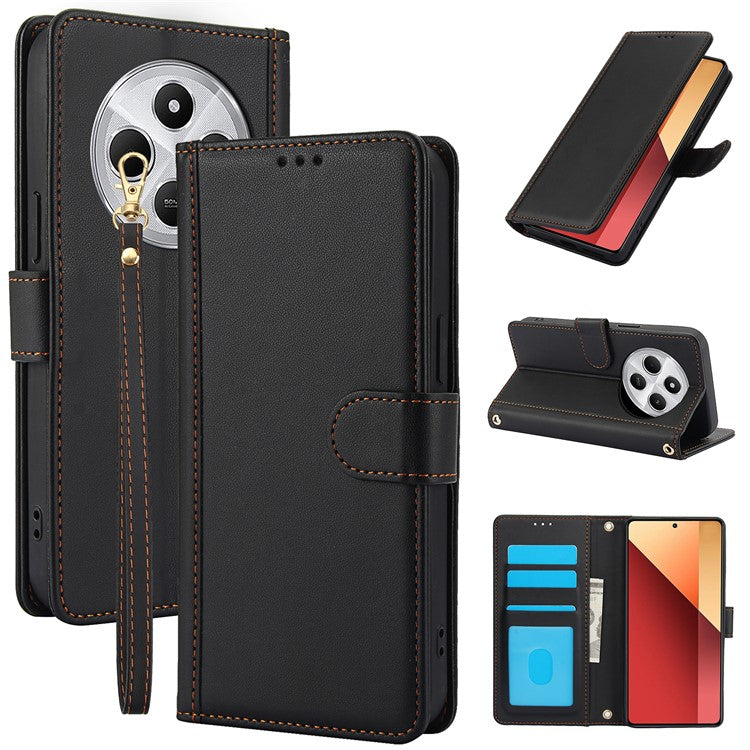 SY-003 For Xiaomi Poco C75 4G / Redmi 14R 5G / 14C 4G Case PU Leather Stand View Phone Wallet Cover with Shoulder Strap - Black