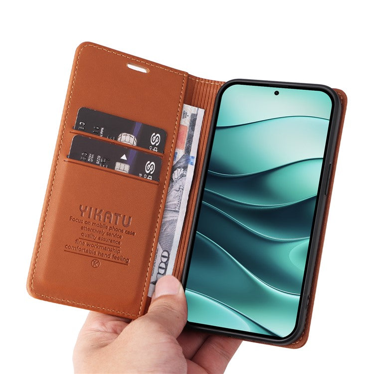 YIKATU YK-001 For Xiaomi Redmi Note 14 5G Case Stand Leather Phone Cover Strong Magnetic Closure - Brown