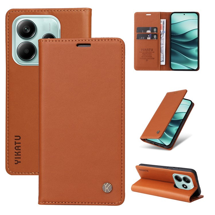 YIKATU YK-001 For Xiaomi Redmi Note 14 5G Case Stand Leather Phone Cover Strong Magnetic Closure - Brown