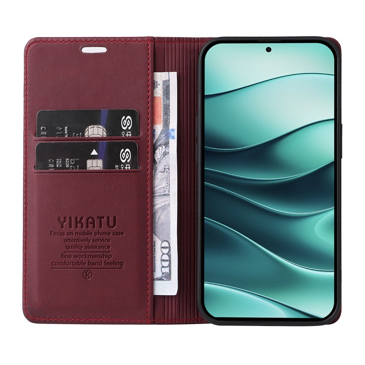 YIKATU YK-001 For Xiaomi Redmi Note 14 5G Case Stand Leather Phone Cover Strong Magnetic Closure - Wine Red