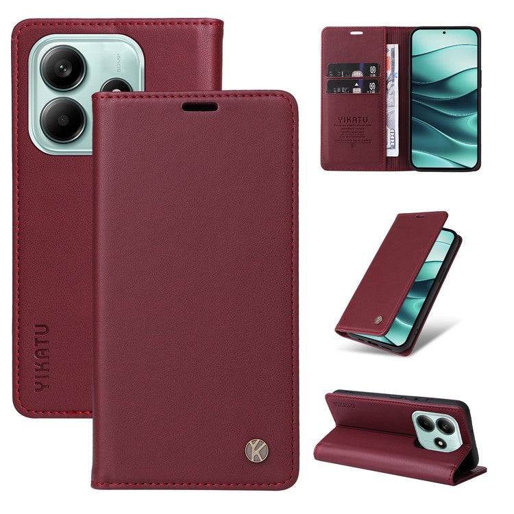 YIKATU YK-001 For Xiaomi Redmi Note 14 5G Case Stand Leather Phone Cover Strong Magnetic Closure - Wine Red