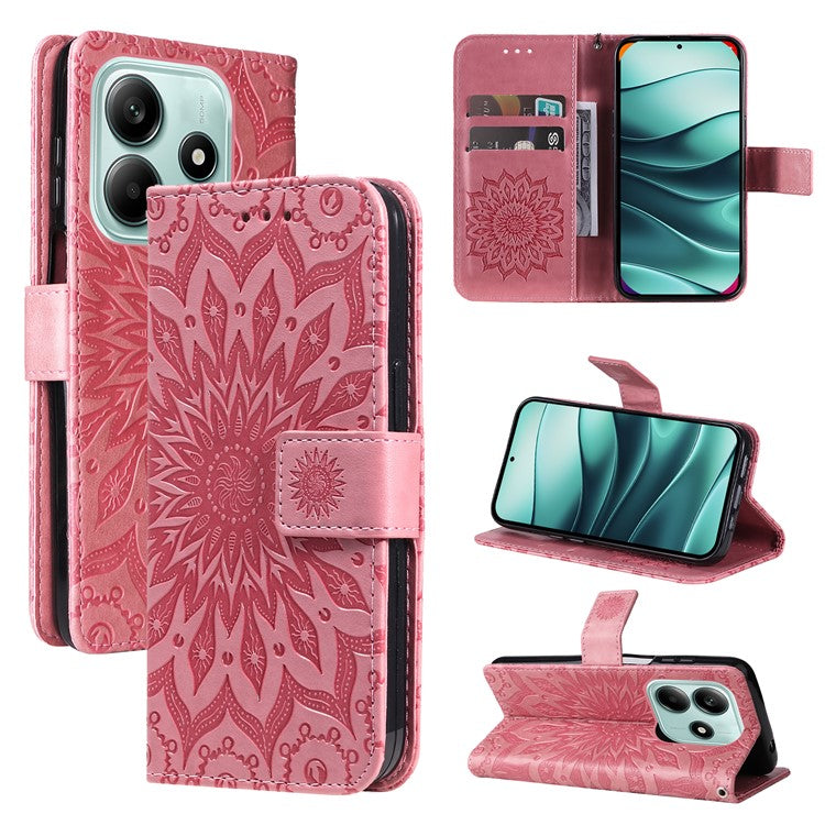 KT Imprinting Flower Series-1 For Xiaomi Redmi Note 14 5G Case Sunflower Leather Wallet Phone Cover - Pink