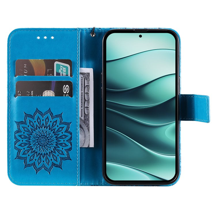 KT Imprinting Flower Series-1 For Xiaomi Redmi Note 14 5G Case Sunflower Leather Wallet Phone Cover - Blue