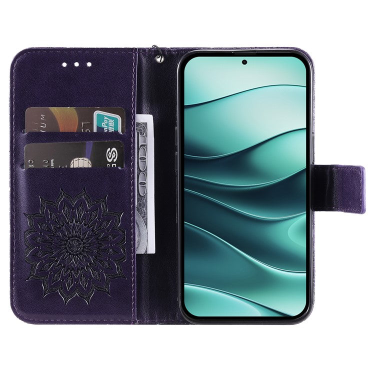 KT Imprinting Flower Series-1 For Xiaomi Redmi Note 14 5G Case Sunflower Leather Wallet Phone Cover - Purple