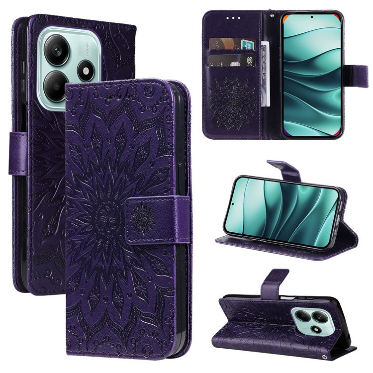 KT Imprinting Flower Series-1 For Xiaomi Redmi Note 14 5G Case Sunflower Leather Wallet Phone Cover - Purple