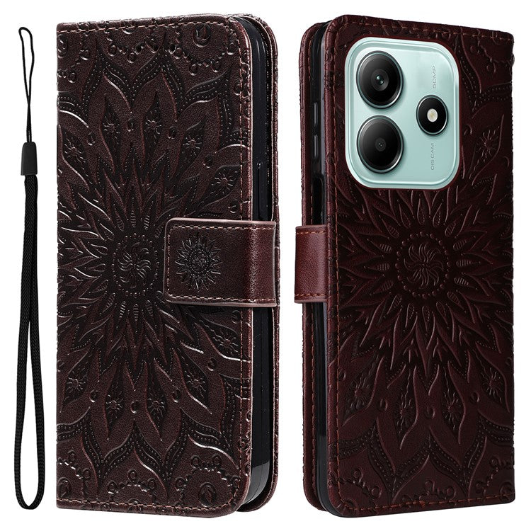 KT Imprinting Flower Series-1 For Xiaomi Redmi Note 14 5G Case Sunflower Leather Wallet Phone Cover - Brown