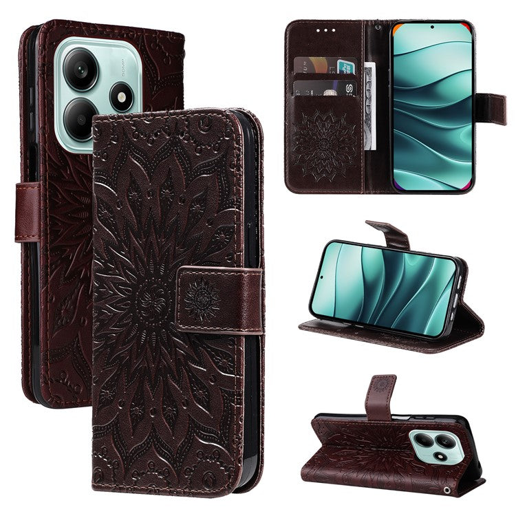 KT Imprinting Flower Series-1 For Xiaomi Redmi Note 14 5G Case Sunflower Leather Wallet Phone Cover - Brown