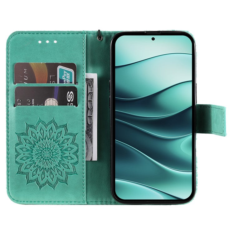 KT Imprinting Flower Series-1 For Xiaomi Redmi Note 14 5G Case Sunflower Leather Wallet Phone Cover - Green