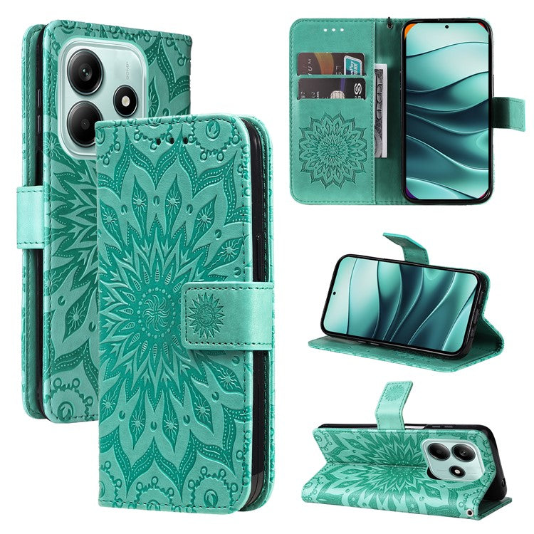 KT Imprinting Flower Series-1 For Xiaomi Redmi Note 14 5G Case Sunflower Leather Wallet Phone Cover - Green