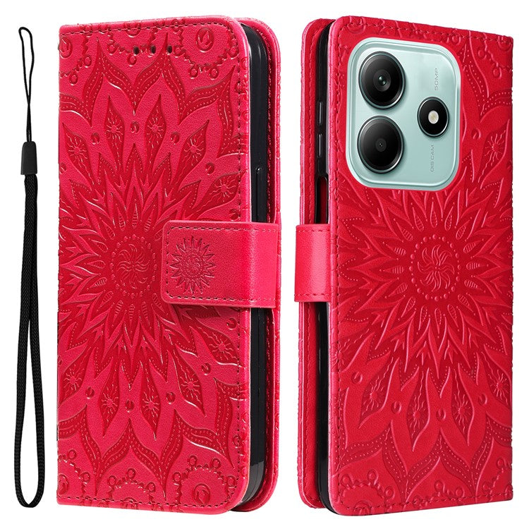 KT Imprinting Flower Series-1 For Xiaomi Redmi Note 14 5G Case Sunflower Leather Wallet Phone Cover - Red