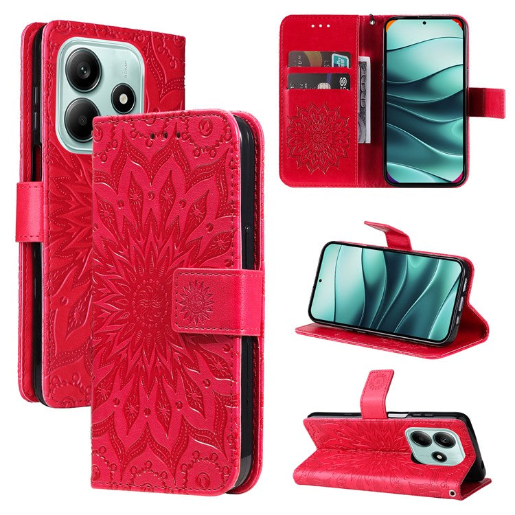 KT Imprinting Flower Series-1 For Xiaomi Redmi Note 14 5G Case Sunflower Leather Wallet Phone Cover - Red