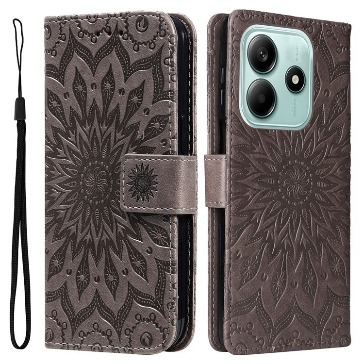 KT Imprinting Flower Series-1 For Xiaomi Redmi Note 14 5G Case Sunflower Leather Wallet Phone Cover - Grey