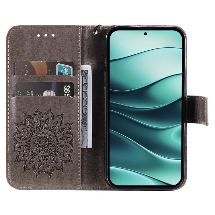 KT Imprinting Flower Series-1 For Xiaomi Redmi Note 14 5G Case Sunflower Leather Wallet Phone Cover - Grey