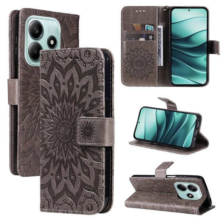 KT Imprinting Flower Series-1 For Xiaomi Redmi Note 14 5G Case Sunflower Leather Wallet Phone Cover - Grey