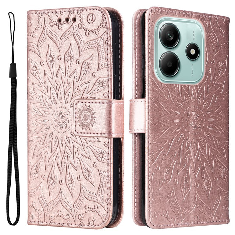 KT Imprinting Flower Series-1 For Xiaomi Redmi Note 14 5G Case Sunflower Leather Wallet Phone Cover - Rose Gold