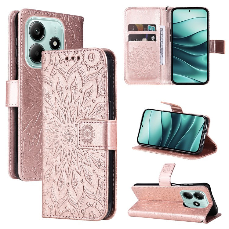 KT Imprinting Flower Series-1 For Xiaomi Redmi Note 14 5G Case Sunflower Leather Wallet Phone Cover - Rose Gold