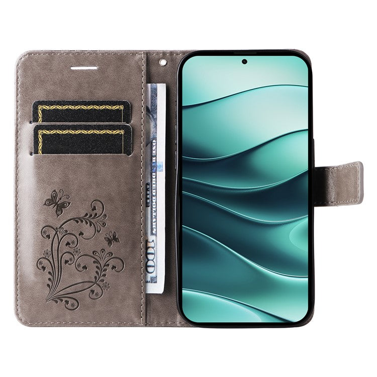 KT Imprinting Flower Series-2 For Xiaomi Redmi Note 14 5G Case Butterfly Leather Phone Cover - Grey