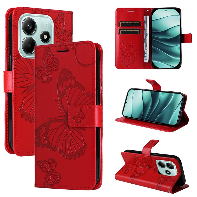 KT Imprinting Flower Series-2 For Xiaomi Redmi Note 14 5G Case Butterfly Leather Phone Cover - Red