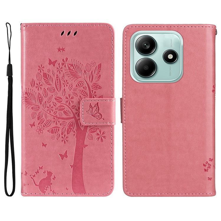 KT Imprinting Flower Series-3 For Xiaomi Redmi Note 14 5G Case Cat Tree Pattern Flip Leather Phone Cover - Pink