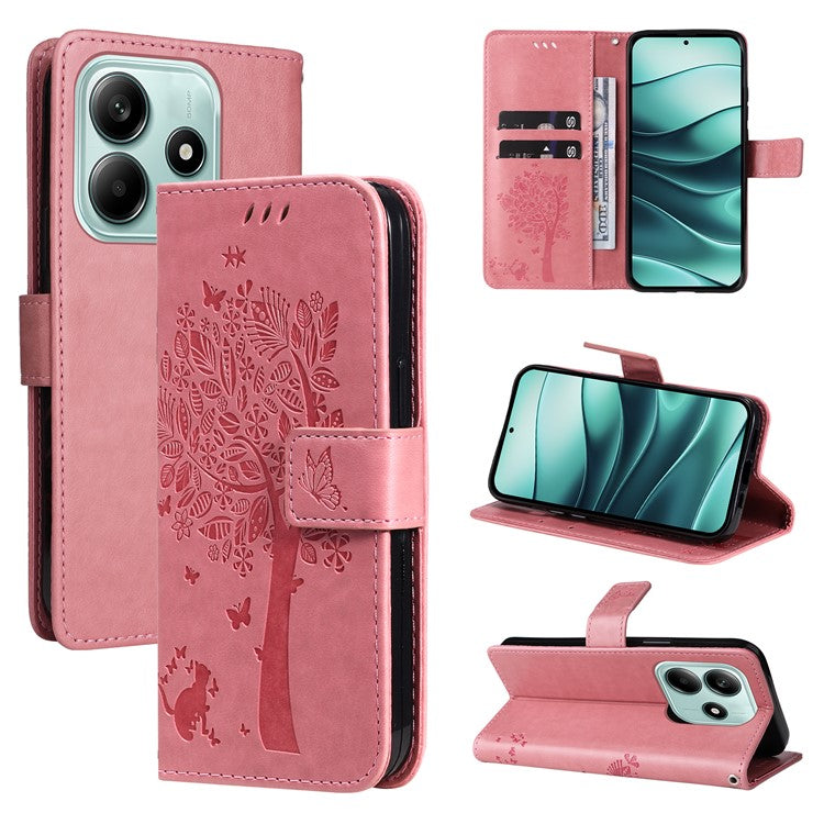 KT Imprinting Flower Series-3 For Xiaomi Redmi Note 14 5G Case Cat Tree Pattern Flip Leather Phone Cover - Pink