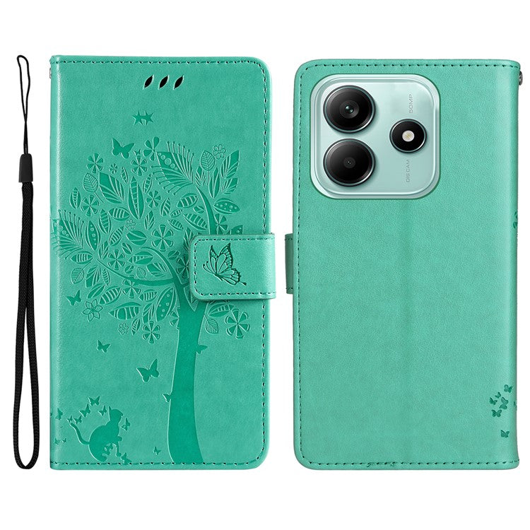 KT Imprinting Flower Series-3 For Xiaomi Redmi Note 14 5G Case Cat Tree Pattern Flip Leather Phone Cover - Green