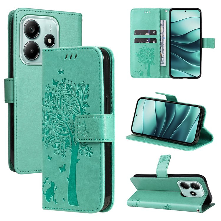 KT Imprinting Flower Series-3 For Xiaomi Redmi Note 14 5G Case Cat Tree Pattern Flip Leather Phone Cover - Green