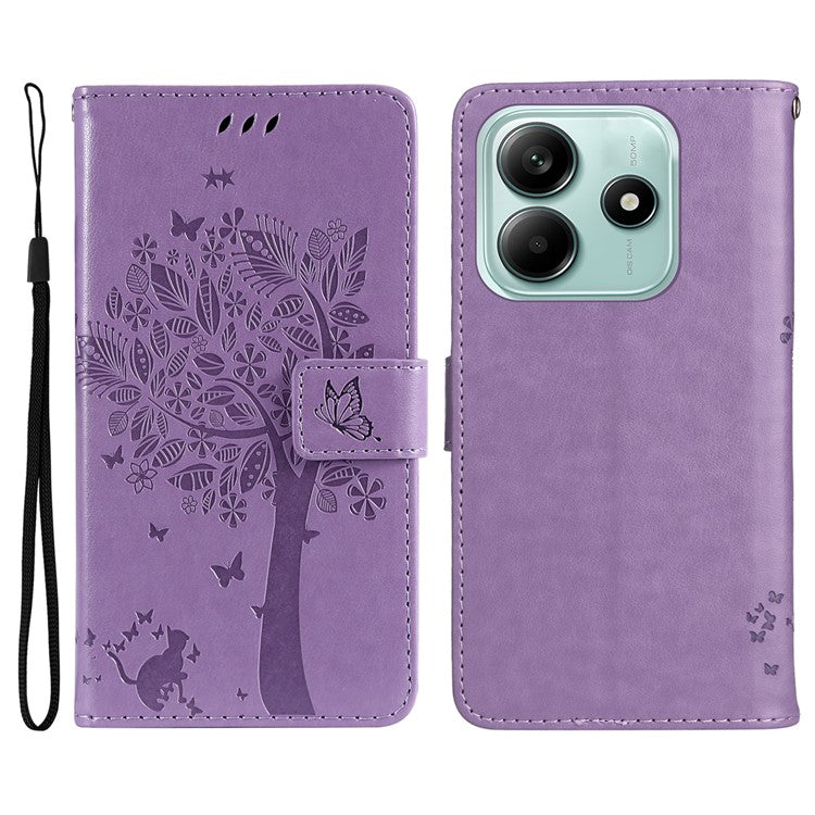 KT Imprinting Flower Series-3 For Xiaomi Redmi Note 14 5G Case Cat Tree Pattern Flip Leather Phone Cover - Light Purple