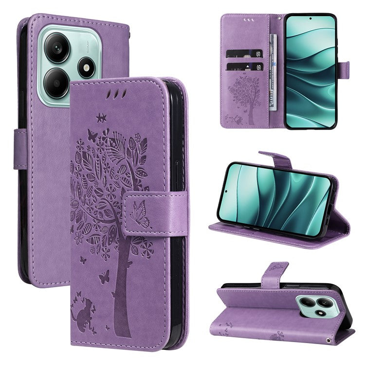 KT Imprinting Flower Series-3 For Xiaomi Redmi Note 14 5G Case Cat Tree Pattern Flip Leather Phone Cover - Light Purple