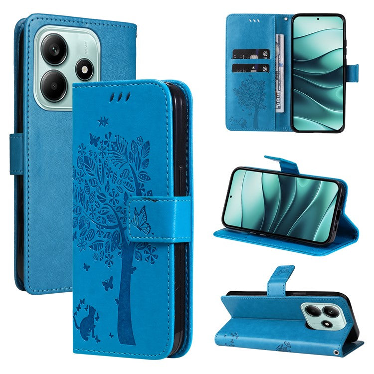 KT Imprinting Flower Series-3 For Xiaomi Redmi Note 14 5G Case Cat Tree Pattern Flip Leather Phone Cover - Blue