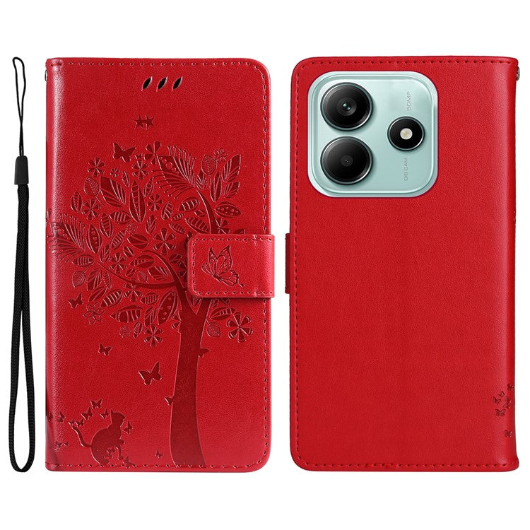 KT Imprinting Flower Series-3 For Xiaomi Redmi Note 14 5G Case Cat Tree Pattern Flip Leather Phone Cover - Red