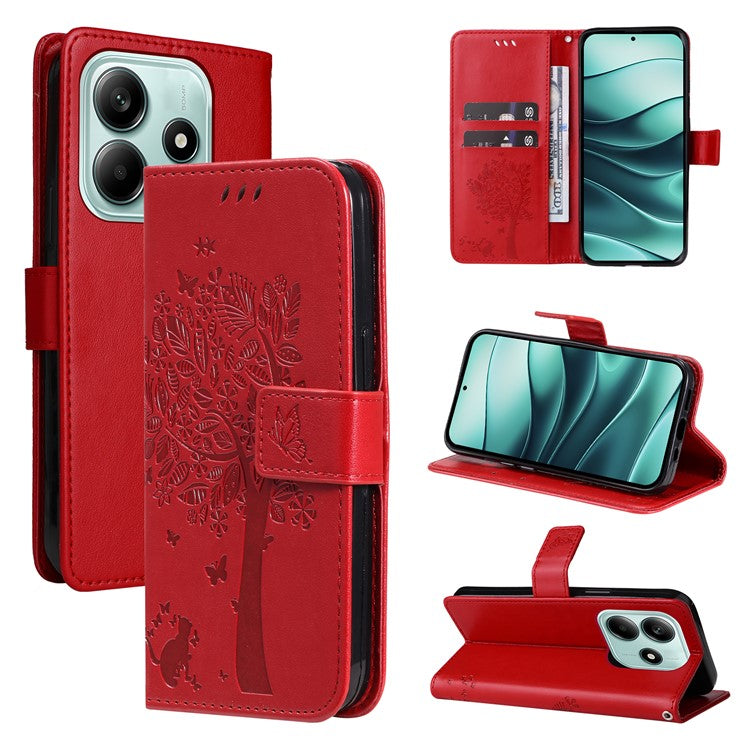 KT Imprinting Flower Series-3 For Xiaomi Redmi Note 14 5G Case Cat Tree Pattern Flip Leather Phone Cover - Red