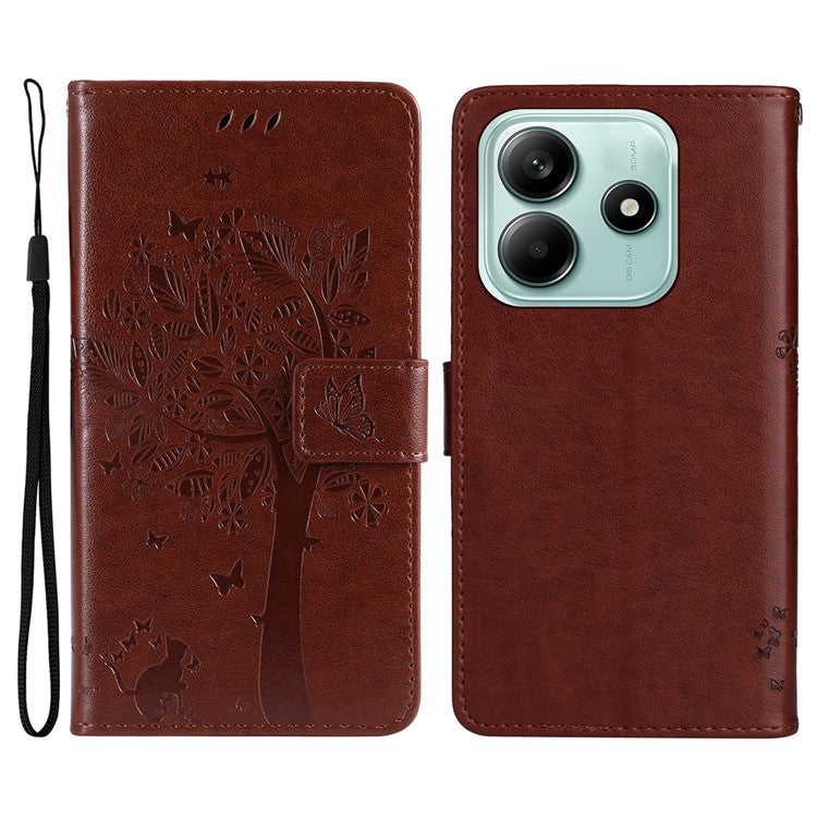 KT Imprinting Flower Series-3 For Xiaomi Redmi Note 14 5G Case Cat Tree Pattern Flip Leather Phone Cover - Coffee