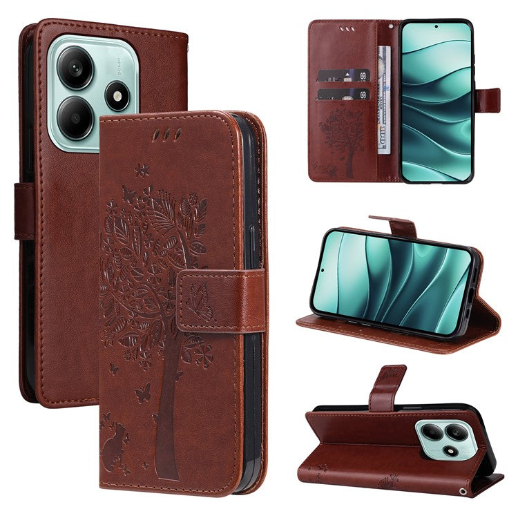 KT Imprinting Flower Series-3 For Xiaomi Redmi Note 14 5G Case Cat Tree Pattern Flip Leather Phone Cover - Coffee